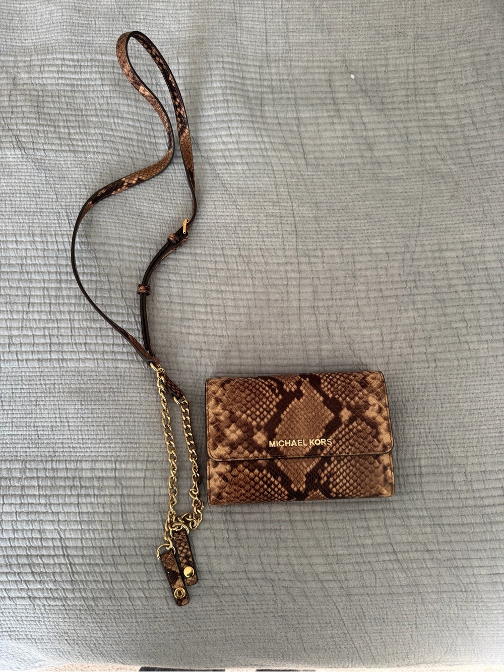 Michael Kors Brown Snake-Print Crossbody Wallet with Gold Hardware